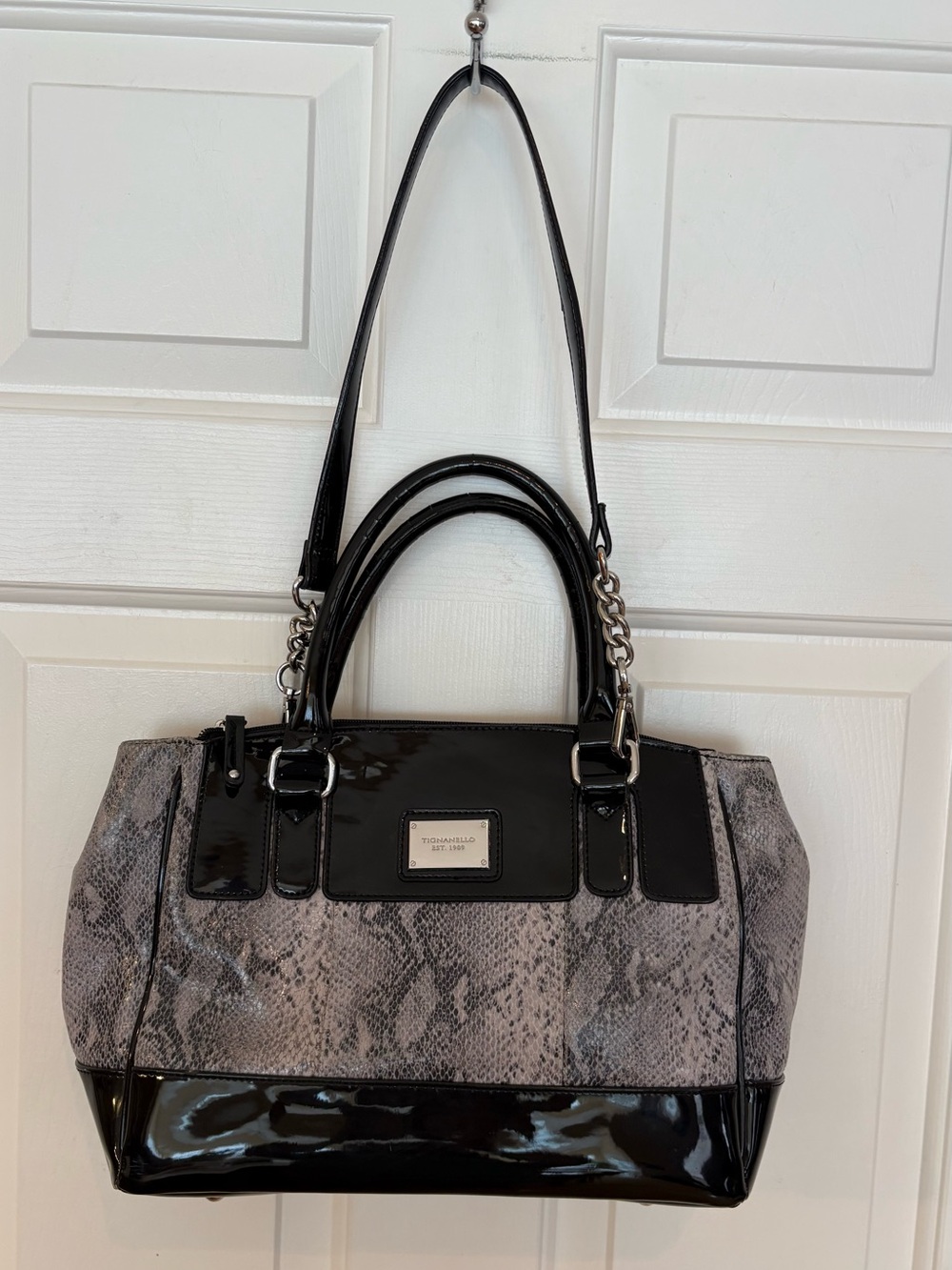 TIGNANELLO Faux Snake Skin Leather Purse Handbag Satchel - Gray And Black